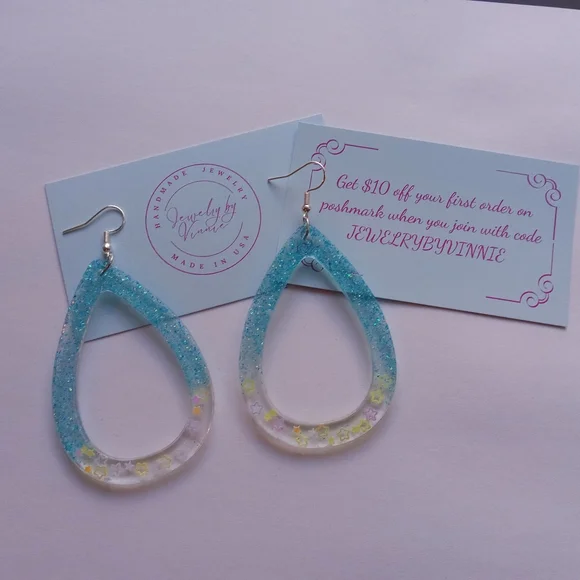 Hand Crafted Blue Glitter Teardrop Earrings - Picture 2 of 7